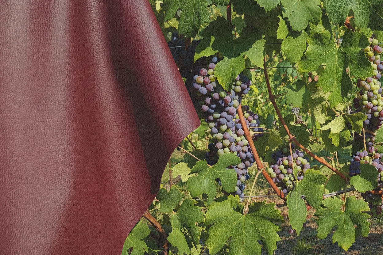 Grapes on a vine with a close-up of a red leather surface.